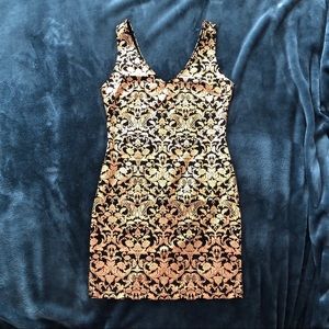 Black and Gold Baroque Print Bodycon Dress